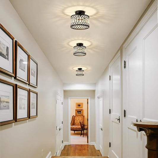 Pevfah Crystal Black Ceiling Light, Modern Semi Flush Mount Ceiling Lighting Fixture, Round Hallway Lighting Fixtures for Kitchen Entryway Bedroom Laundry Room, 1-Light, 9 Inch