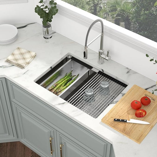 Kichae 25 Undermount Kitchen Sink - 25"x19" Kitchen Sink Stainless Steel Ledge Workstation Single Bowl Under Counter All In One Deep Basin Round Corner