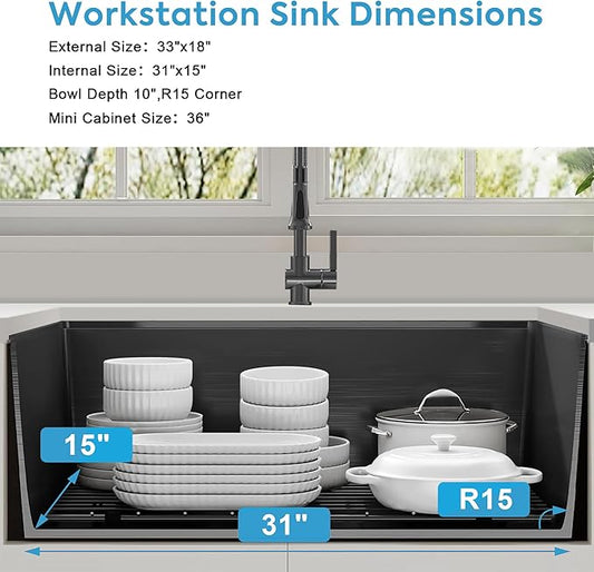 Black Undermount Kitchen Sink, 16 Gauge 304S Stainless Steel Workstation Sinks with Accessories, 33" x 18" x 10" Large and Deep Single Bowl Kitchen Sink