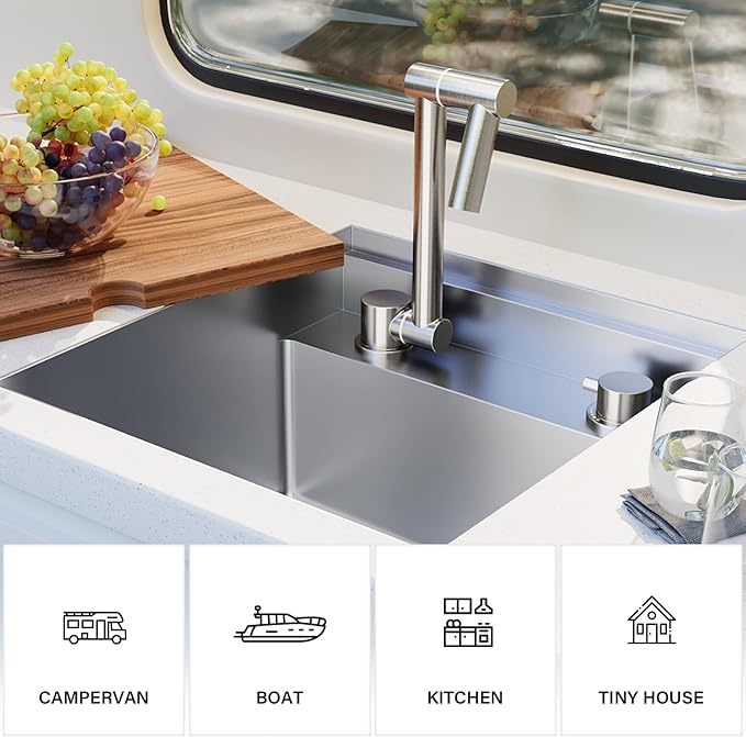 TORVA RV Kitchen Sink, 16 x 17 x 9 Inch Undermount Bar Sink 16 Gauge Stainless Steel Single Bowl Sink with Foldable Faucet Cutting Board, Grey