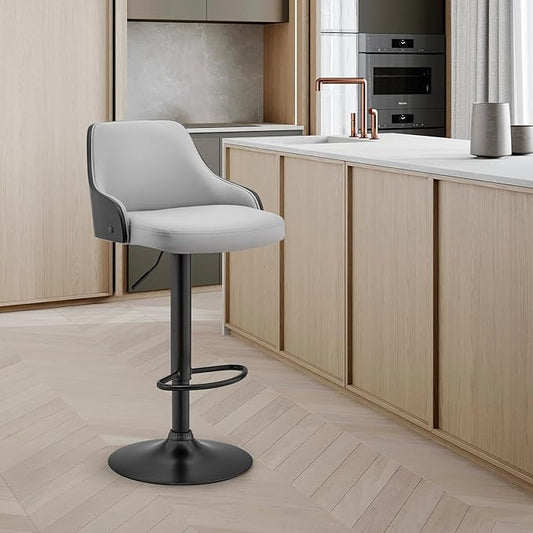 Armen Living Asher Modern Adjustable Height Swivel Gray Faux Leather and Black Wood Bar Stool with Black Base for Kitchen Island Counter