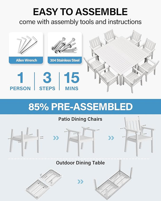 YEFU HIPS Patio Table Set: 10 Piece Outdoor Table and Chairs Dining Furniture Set with Umbrella Hole - White Modern Plastic Dining Sets 8 Person for Outside Deck with Metal Aluminum Frame