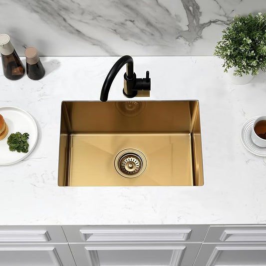 Gold Undermount Kitchen Sink, 22x16 Gold Kitchen Sink Undermount Utility Sinks Stainless Steel 18 Gauge Single Bowl Wet Bar Sinks with Basket Strainer