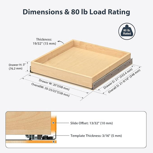 Pull Out Drawers for Cabinets - Birch Wood Pull-Out Drawer 20" W x 21" D - Soft Close Slide Out Shelves for Kitchen Cabinets & Pantry Cabinet Organizer, Heavy Duty, Full-Extension
