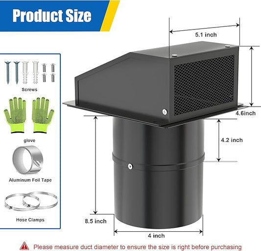 4 Inch Dryer Vent Cover Outside, Hooded Wall Vent with Screen and Damper, Galvanized Steel Exhaust Vent Cover Cap External Extractor for Dryer Duct, HVAC, Bathroom, Laundry, Kitchen, Black