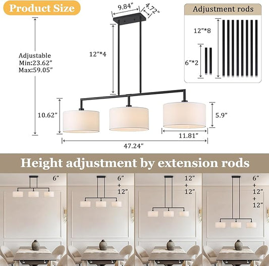 47" W Modern Linear Kitchen Island Pendant Light Fixture 3-Light White Linen Drum Shade Chandelier Black Metal Linear Chandeliers for Dining Room Farmhouse Hanging Light for Living Room, Bar, E26