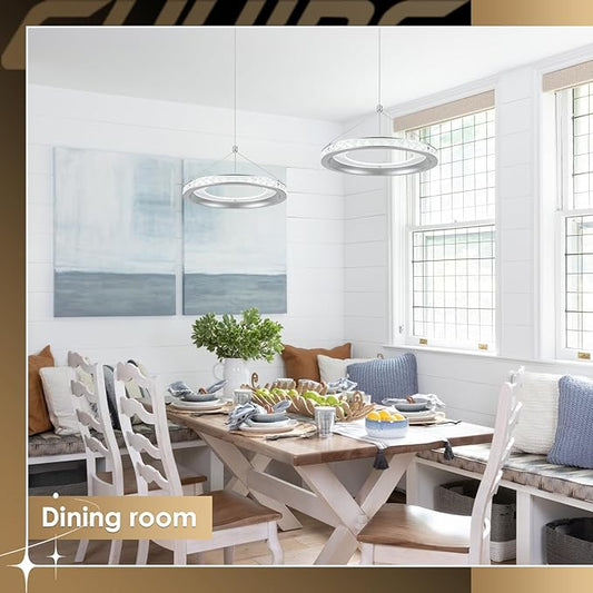 CHYING Modern Silver LED Crystal Pendant Light, 11.8" 24W 6000K Cool White Hanging Pendant Light Kitchen Island, Ring Ceiling Lights for Bedroom Dining Room Hallway