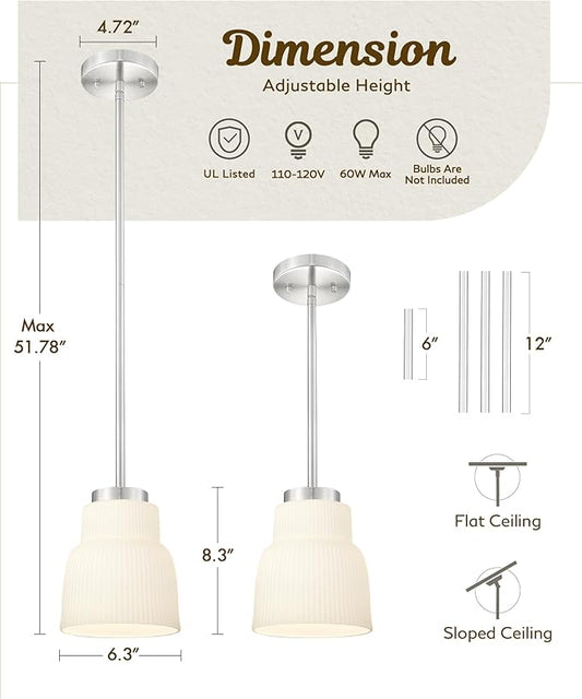 FEMILA 3 Pack 6.7" Vintage Light Fixtures, Milk Glass Kitchen Island Lighting, Brushed Nickel Antique Chandelier, Hanging Light Fixture for Bedroom Hotel Living Room, 4FYD87MIL-3PK BN
