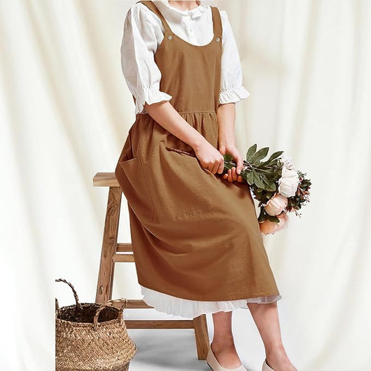 Cityelf Vintage Pinafore Apron Dress Snap Adjust Linen Cotton with Pockets Floral Aprons for Cooking Gardening