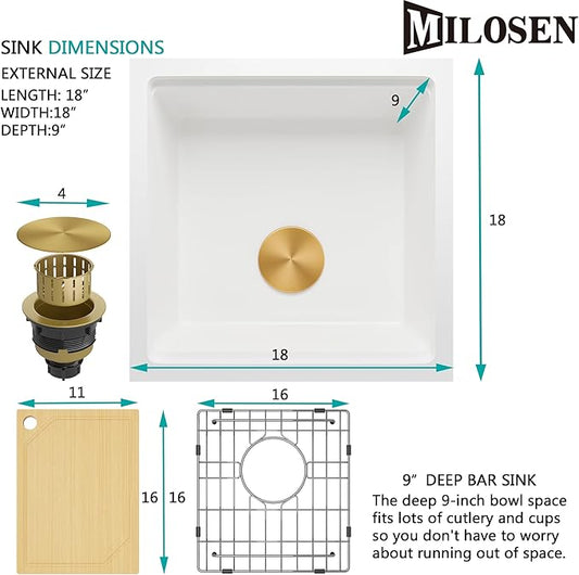 MILOSEN Undermount Bar Sink, 18 ×18 Inch Small White Granite Composite Wet Bar or Prep Sink, 9 Inch Deep Outdoor Single Bowl Workstation Basin with Accessories, Quartz Sinks