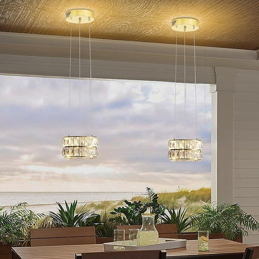 Led 7.8" Gold Ring Crystal Chandelier, Modern Dimmable Chandeliers Lighting and Hanging Adjustable, LED Round Ceiling Light Fixtures for Dining Room Living Room
