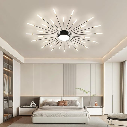 JAYMP 50.4" Ceiling Light Modern Flower Shape Ceiling Lamp for Living Room Dining Room Flush Mount Metal Acrylic Sputnik Firework Petal LED Lighting Fixture (Matte Black, 30+1 Lights)