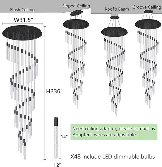 20 foot 48-lights Chandeliers for Living Room Entryway High Ceiling Light Chandelier LED Crystal Pendants Light Sloped Ceiling Chandeliers Staircase Lighting Fixture LED Dimmable Lighting Black