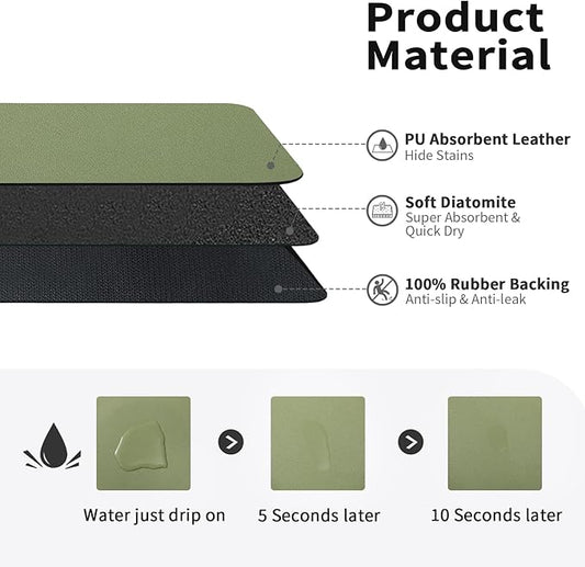 HotLive Dish Drying Mat for Kitchen Counter, Heat Resistant Drainer Mats with Non-slip Rubber Backed, Hide Stain Kitchen Super Absorbent Draining Mat, Easy to Clean Dish Rack Pad, Green 18"x32"