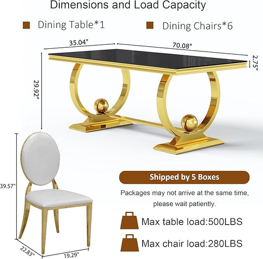 7-Piece Modern Luxury Dining Table Set, 70" Black Tempered Glass Kitchen Table with Gold Polished Stainless Steel U-Shaped Pedestal Base and 6 White PU Leather Chairs, for Dining Room and Kitchen