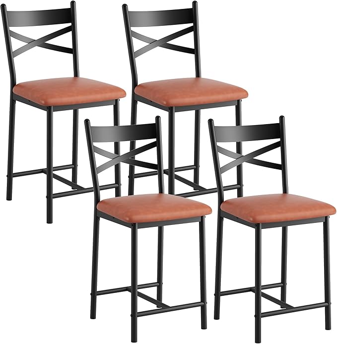 Garvee 26 Inch Bar Stools Set of 4, Counter Height Bar Chairs with Back and Thick Cushion, Upholstered Dining Chairs with Padded Seat, Barstools for Kitchen Island, Bar, Dining Room, Modern Brown