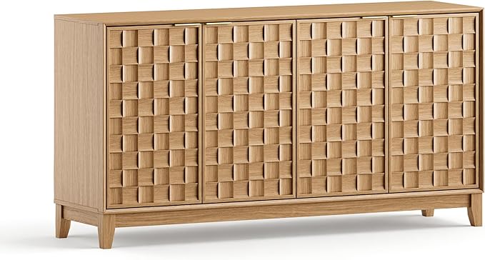 MALOL Sideboard Buffet Cabinet with Storage, Modern 4-Door Buffet Table with 3D Checkerboard Doors & Solid Wood Legs, Large Coffee Bar Cabinet for Dining Room, Living Room, Entryway, Neutral Wood
