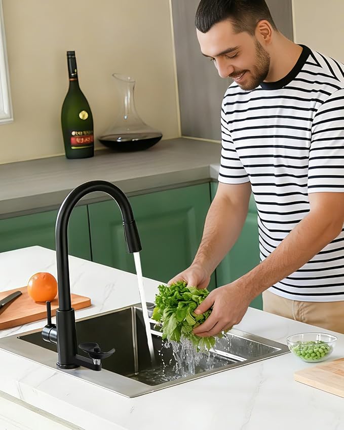 OWOFAN Kitchen Faucet with Cup Washer Pull Down Sprayer Stainless Steel Kitchen Sink Faucet with Deck Plate Glass Rinser Single Hole Black
