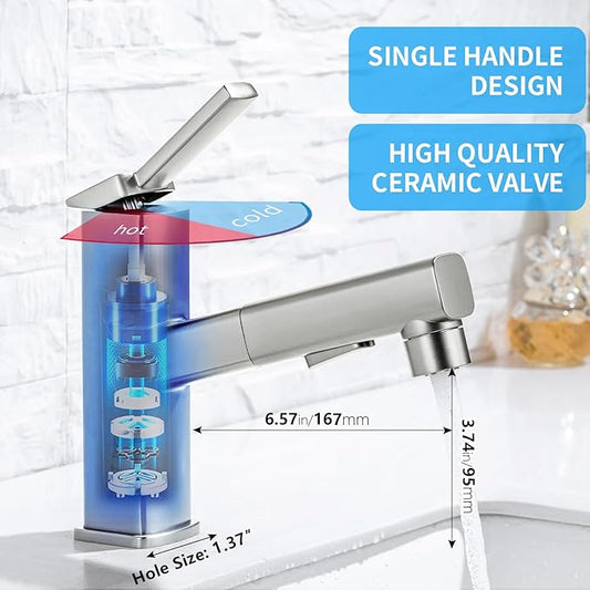 HANLIAN Single Hole Bathroom Pull Out Faucet with Rotating Spout, One Handle Faucet for Bathroom Sink, Modern Bathroom Faucet with Pull Down Sprayer, 3 Modes Vanity Faucets (Brushed Nickel, Regular)