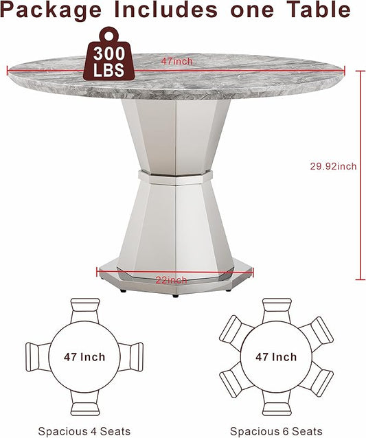 47" Round Marble Dining Table for 4-6, Luxury Modern Kitchen Table with Marble Grain MDF Tabletop & Silver Mirrored Stainless Steel Pedestal Base, Grey Stone Dinner Table for Dining Room (Table Only)