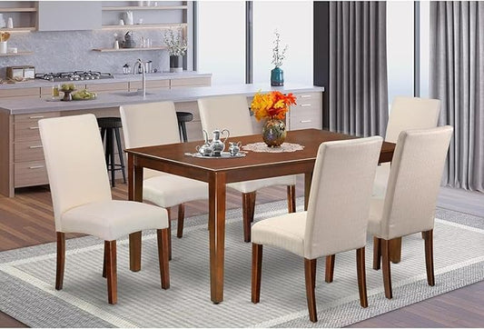 HomeStock 7 Piece Dining Table Set Consist of a Rectangle Kitchen Table and 6 Cream Linen Fabric Parson Dining Chairs, 36x60 Inch, Mahogany