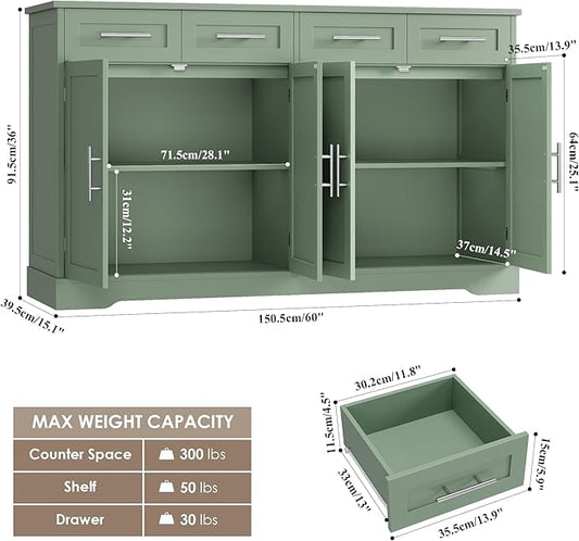 HOSTACK 60" Large Buffet Sideboard with Storage, 36" Tall Kitchen Buffet Storage Cabinet with 4 Drawers, Modern Coffee Bar Cabinet with Gold Handles, Long Sideboard Buffet Table for Kichen, Green