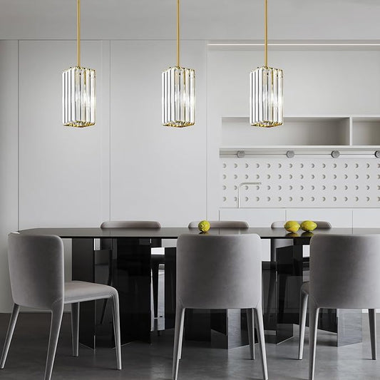 Modern Pendant Light Gold Rectangle Pendant Lighting Mini Crystal Chandeliers Adjustable Pendant Light Fixture for Kitchen Island Dinning Room Living Room Corridor Bedroom(Gold 3-Pack)