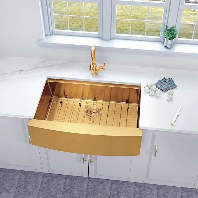 Gold Farmhouse Kitchen Sink, 16 Gauge SUS304 Stainless Steel Farm Sinks, All In One Workstation Sink with Ledge & Accessories, 33" x 20" x 10" Large and Deep Gold Undermount Kitchen Sink