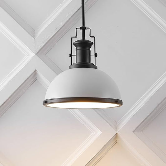 JONATHAN Y 13" Matte Black/White Modern Industrial Iron LED Dome Pendant Light, Adjustable Hanging Fixture for Kitchen Island or Entryway, Black Metal Shade, LED Bulb Included (JYL9536E)