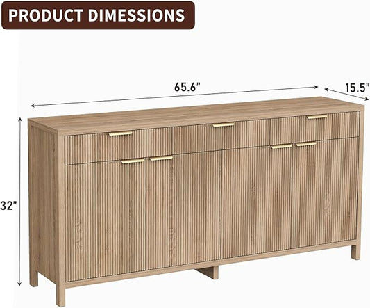 Yanosaku 66" W Fluted Buffet Cabinet, Sideboard Storage Cabinet with 3 Drawers & 2 Cabinets, Mid-Century Coffee Bar Table for Living Room, Dinning Room, Natural