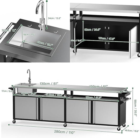 Stanbroil Rolling Outdoor Kitchen Island with Stainless Steel Table Top & Storage Cabinets, Sink&Faucet Included, Extra Large