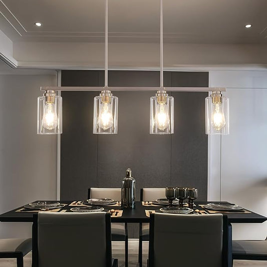 Mecgirn Island Light for Kitchen, Brushed Nickel Dining Room Light Fixture Over Table, 4-Light Linear Chandelier Pendant Lighting for Dining Table Kitchen Island Living Room