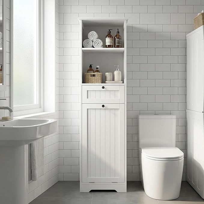 Casaphoria 55 Inch Tall Laundry Sorter Cabinet, Narrow Bathroom Storage Cabinet with Tilt-Out Hamper and Drawer, Freestanding Space-Saving Organizer for Laundry Room, White