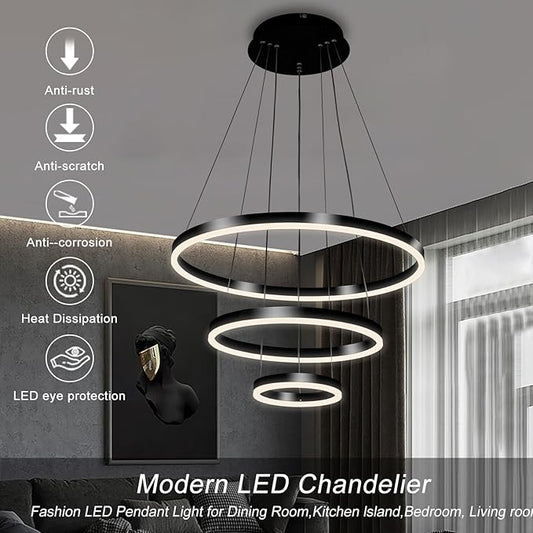 Viruhaka Modern LED Pendant Light, Black Circular Chandelier Fixture, Adjustable Height Circular Entrance Pendant Light, Suitable for Restaurants, Kitchens, Islands, Living Rooms, Cafes, Etc. (4000K)