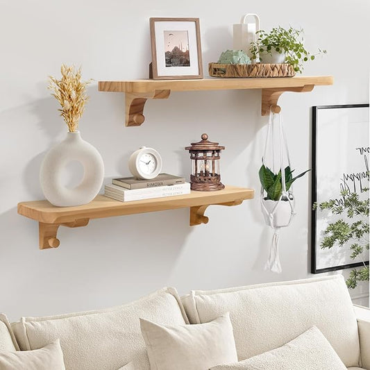 Wooden Floating Shelves for Wall, 22.6" W x 6" D x 0.8" H Large Wall Shelves, Hanging Storage Shelf with Hooks for Living Room, Kitchen, Bathroom, Bedroom Decor, Natural, 2 Packs