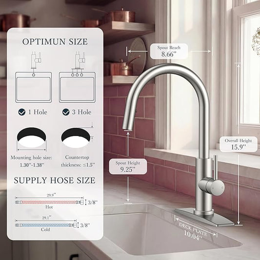 FORIOUS Kitchen Faucets with Pull Down Sprayer, Brushed Nickel Single Handle Stainless Steel High Arc Kitchen Sink Faucet with Deck Plate, Transitional Single Hole Faucet for Bar RV Outdoor Laundry