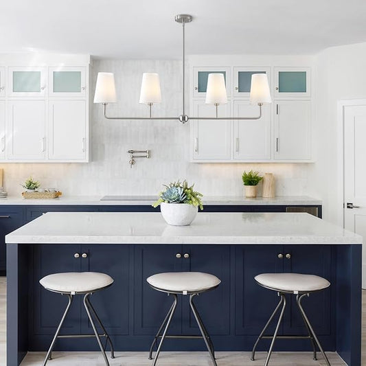 Brushed Nickel Chandelier for Kitchen Island 4-Light Linear Chandeliers for Dining Room Modern Farmhouse Classic Light Fixture with White Linen Shades Over Dining Table