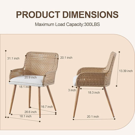 Rattan Dining Chairs,Upholstered Boucle Fabric Dining Chairs with Armrest and PE Cane Backrest, Mid Century Modern Dining Room Chairs with Metal Legs for Kitchen Island,Set of 4
