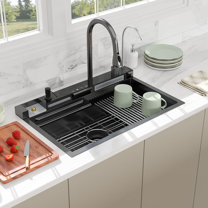 30 Inch Waterfall Kitchen Sink - Beslend 30x19 Drop In Waterfall Sink Nano Black Workstation Smart Sinks 16 Gauge Stainless Steel Single Bowl Black Basin with Faucet Combo