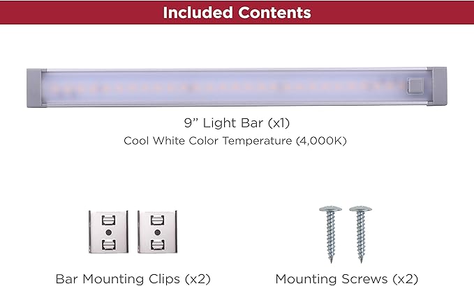 PureOptics LED Push Wire® Under Cabinet Light Bar, Plug-in or Hardwire, 9", Cool White, Gray, (LEDUC9-1CB)