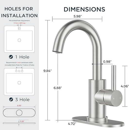 FORIOUS Black Bathroom Faucet 1 or 3 Hole Single Handle, Brushed Nickel Bathroom Sink Faucet 2 Pack, with cUPC Supply Line and Metal Pop Up Drain, Suitable for Bar RV Vanity