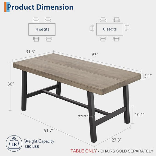 GarveeHome 63 Inch Apartment Kitchen Table for 4-6 People, Industrial Rectangular Table for Dining Room, Heavy Duty Metal Frame, Rustic Grey, Multipurpose Work Table