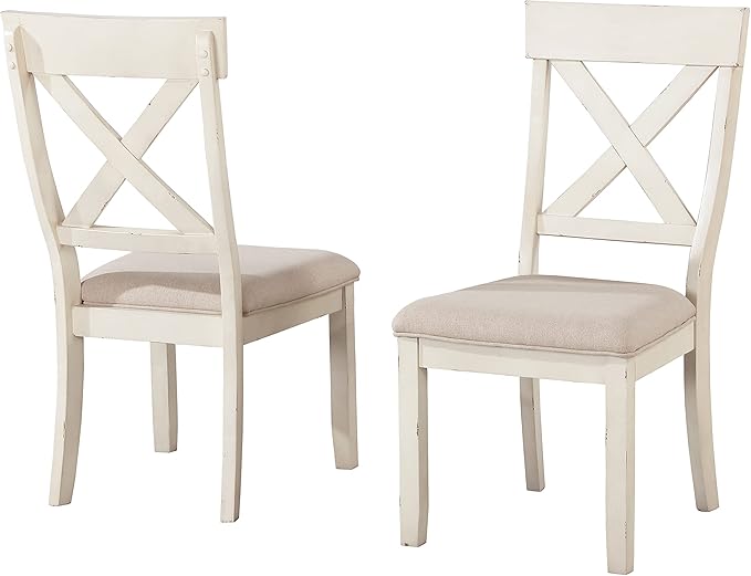 Roundhill Furniture Prato Wood Cross Back Upholstered Dining Chairs, Set of 2, Antique White and Tan