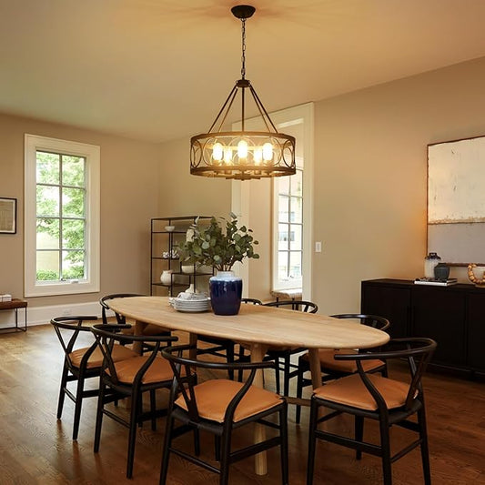 5-Light Farmhouse Chandelier for Dining Room Light Fixture,Modern Rustic Round Black Chandelier Over Table with Hanging Kitchen Drum Light Fixtures for Living Room Bedroom Entryway Foyer