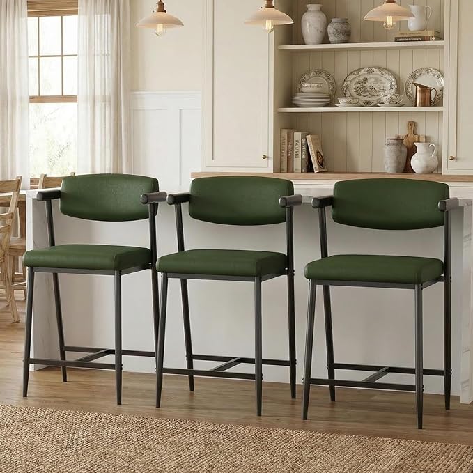 GarveeHome Counter Height Bar Stools Set of 2 with Armrests, 26" Upholstered 2pcs Tall Bar Stools Set, Long Backrest & Extra Thick Cushion, Modern High Barstools for Kitchen Island, Pub, Rustic Green