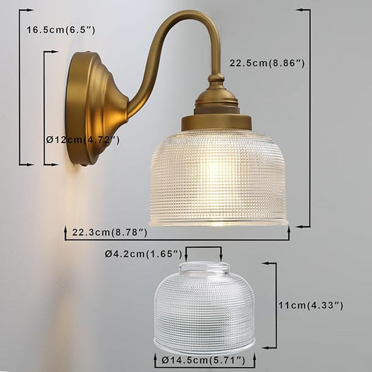 Yosoan Brass Gold Vintage Wall Sconce with Striped Bowl Shade, 1-Light Indoor Modern Retro Vanity Industrial Wall Mounted Hardwired for Living Room Bedroom Fireplace Hallway(Antique)