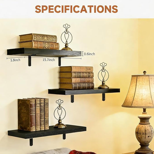 Easy Install Wall Shelves with Bracket,15.7Inch Wall Mounted Wood Floating Wall Shelves,Small Wall Shelves for Storage&Wall Decor, Living Room, Kitchen, Office,Corner Shelf for Bathroom,Set of 3,Black