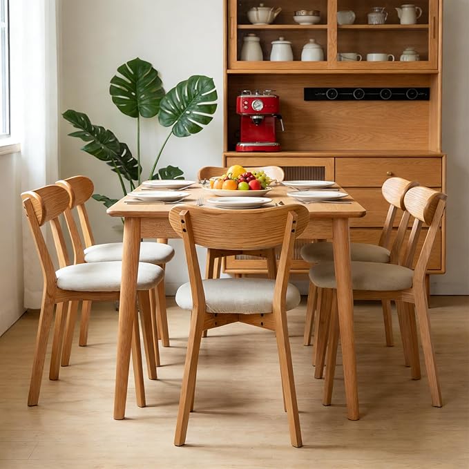Dining Chairs Set of 4, Solid Oak Wood Frame with Pear White Thick Upholstered Seat, Mid-Century Modern Curved Backrest, Heavy Duty 400 lb Capacity Padded Chairs for Dining Room & Breakfast Nook