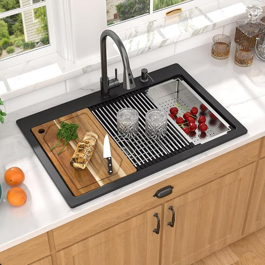 33 Inch Granite Composite Kitchen Sink - Matte Black Drop In Granite Kitchen Sink, Workstation All-In One Classic Quartz Top Mount Single Bowl Sinks for Modern Kitchen, 33"x22" #TLGT-123