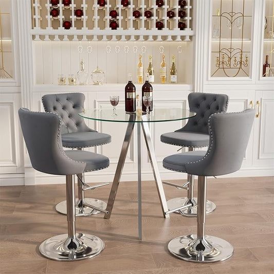 yeag 31.5'' Modern Luxury Glass Bar Table Set for 4, Round Pub Table Cocktail Table and 4 Adjustable Velvet Swivel Barstools Island Chairs for Bistro (Silver Metal Legs, Clear Top + Grey Chair)